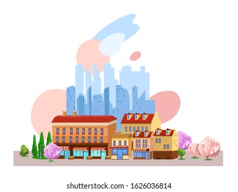 Vector stock illustration of vintage buildings with red roofs, skyscrapers and abstract composition. Postcard with spring street, blooming trees, showcases and urban background. Isolated on white  
