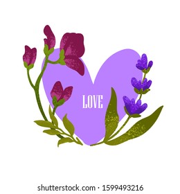 Vector stock illustration with violet heart, flowers and lettering. Hand drawn greeting card with lavender for Valentine’s Day. Postcard in cartoon style for prints and souvenirs 
