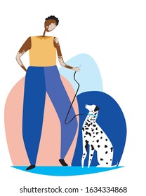 A vector stock illustration with vitiligo and african american woman or man with doberman dog. A positive body flat concept of self-love with puddle on background