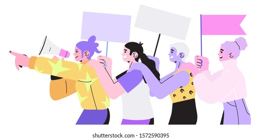 Vector stock illustration of walking women with loud speaker and fighting for their rights, equality, against violence, descrimination. People holding placard or banners, signs on a demostration.