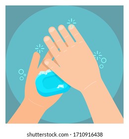 Vector stock illustration. Wash hands with soap. The process of washing foam bubbles. Design of advertising and informational literature and web publications, printed materials.