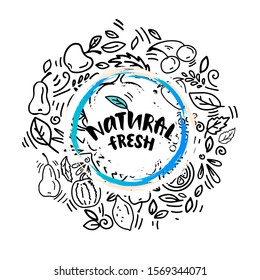 Vector stock illustration with white background isolated objects: text and outline image of fruits, can be used for theme events, printing on fabric, packaging.