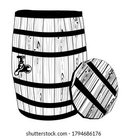 Vector stock illustration of a wine barrel. Wood barrels. Hand drawn engraving style illustrations. Wooden beer barrel with a tap is black. ArtLine. Vintage style. Isolated on a white background.