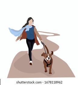 Ilustración vectorial de una mujer con un perro. Camine por el parque con una correa y una mascota. Chica en un baile matutino, estilo de vida saludable. Parque de la ciudad. Caminando un cachorro. Jugar al deporte. Diversión y alegría. Felicidad.