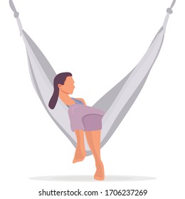 Vector stock illustration of a woman lying and relaxing in hammock. Female character in flat style isolated on white background. 