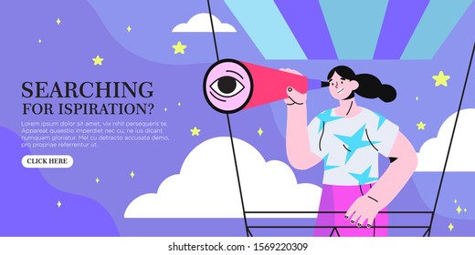 Vector stock illustration of woman with spyglass on an air balloon searching for inspiration. Business concept of trend, idea, strategy, employee search service or design studio banner, flyer, poster.