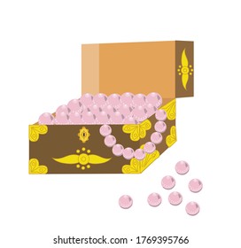 Vector stock illustration; wooden jewelry box with a lock, the box is painted in gold, the box contains Pink pearls, a string of pearls hangs down and several pearls are scattered nearby; on a white b