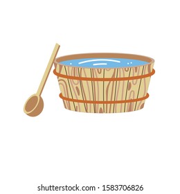 Vector stock illustration of wooden tub for bath. Pot, bucket with hot water. Cracks in boards. Bathhouse art.