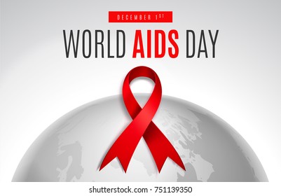 Vector Stock Illustration for World AIDS Day. 1st December World Aid Day Awareness poster with red ribbon and world map or planet Earth on white background.