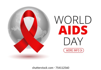 Vector Stock Illustration for World AIDS Day. 1st December World Aid Day Awareness poster with red ribbon and world map or planet Earth on white background.