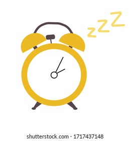 Vector stock illustration of a yellow alarm clock. Time. Table clock with hands. Night time 14: 05 . Isolated on a white background. Plain.