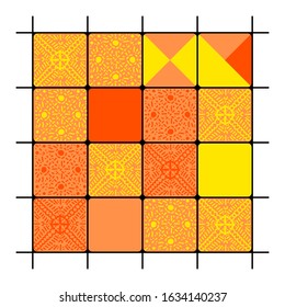 Vector stock illustration of yellow bath sauna ceramic tile. Asian pattern, ethnic ornament. Square elements in flat and doodle style.