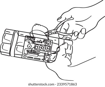 VektorStockbild: Hand, die Zeitbombe zum Entschärfen hält, 1-zeiliger Vektorgrafik: Illustration zum Zeitbombenabbau