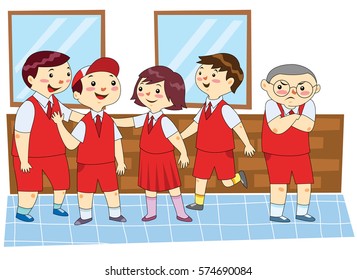 Vector stock of Indonesian elementary school students were gathered breaks. Children illustration