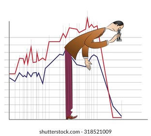Vector stock infographics. Businessman considers binoculars fallen schedule.