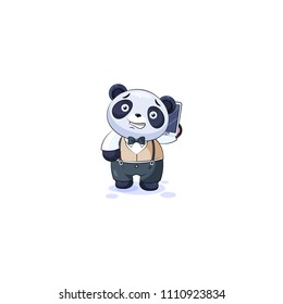 Vector Stock isolated Emoji character cartoon happy wealth riches panda cub bamboo bear Chinese symbol business suit sticker emoticon conducts business negotiation on smart phone mobile motion design