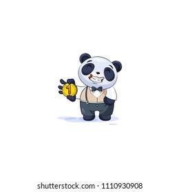 Vector Stock isolated Emoji character cartoon happy wealth riches businessman panda cub bamboo bear Chinese symbol sticker emoticon business suit cryptocurrency coin money profit earning income salary