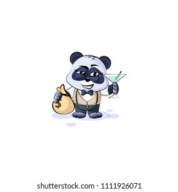 Vector Stock isolated Emoji character cartoon panda cub bamboo bear Chinese symbol sticker in business suit emoticon with bag of money, glass martini celebrates profits dollars earnings income salary