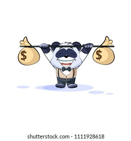 Vector Stock isolated Emoji character cartoon happy wealth riches panda cub bamboo bear Chinese symbol in business suit sticker emoticon raises barbell bags money profit dollar earning income salary