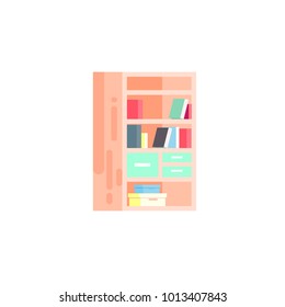 Vector stock isolated illustration icon of furniture bookcase with books on shelves, drawers, opening doors for interior room, office, bedroom element motion design in flat style on white background