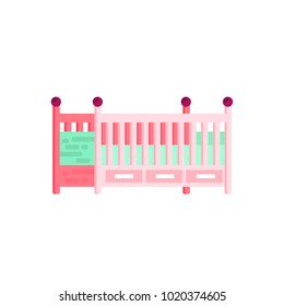 Vector stock isolated illustration icon furniture pink cot cradle crib bed guard for baby, interior nursery school children room, kindergarten bedroom element motion design flat style white background