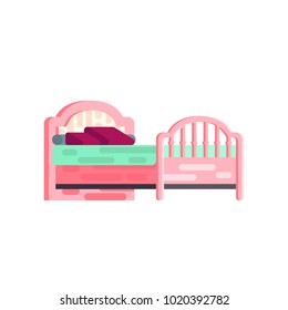Vector stock isolated illustration icon furniture pink king size double bed with pillows and mattress for interior hall, lounge room office, bedroom element motion design flat style white background