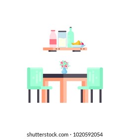Vector stock isolated illustration icon set of kitchen furniture table with vase of flowers and chairs, shelf for products, milk, bottles, fruit, element of motion design flat style white background