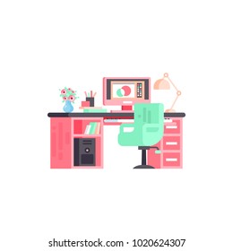 Vector stock isolated illustration icon furniture work writing table bureau with computer, executive chair, desk lamp, flower vase, books, keyboard element of motion design flat style white background