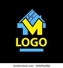 Vector, stock isolated illustration of a logo: letters "tm" with a picture of a house, a roof. Can be used as a sign, symbol for construction companies selling houses or building materials, floors.