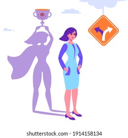 Vector, material, ilustración aislada sobre fondo blanco. El dibujo de la chica del héroe, en su potencial, se representa en la forma de una sombra. Una persona se enfrenta a menudo a una elección de qué hacer.