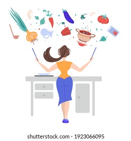 Vector, stock, isolated illustration on white background, square shape. The girl, using food, prepares healthy food. Drawings: vegetables, dishes, table.
