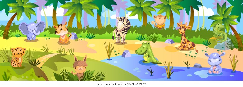 Vector stock jungle background with cute tropical animals: leopard, elephant, tiger, giraffe, zebra, hippo and crocodile. Colorful horizontal landscape with palm trees, sand and lake.