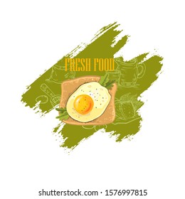 Vector stock label for fresh food from the farm. Egg on the toast with fresh arugula on the green background. Illustration in realistic style for farm markets, cafés, menus isolated on white. 