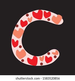 A vector stock letter C isolated on black background for design. A romantic doodle font with red and pink hearts isolated on berch background for valentines day, wedding, love date, anniversary