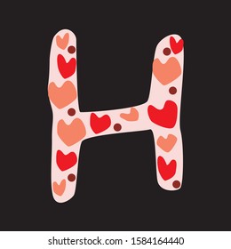 A vector stock letter H isolated on black background for design. A romantic doodle font with red and pink hearts isolated on berch background for valentines day, wedding, love date, anniversary