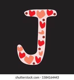 A vector stock letter J isolated on black background for design. A romantic doodle font with red and pink hearts isolated on berch background for valentines day, wedding, love date, anniversary