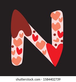 A vector stock letter N isolated on black background for baby or child. A romantic doodle font with red and pink hearts isolated on berch background for valentines day, wedding, love date, anniversary