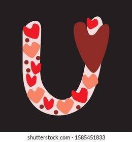 A vector stock letter U isolated on black background for baby or child. A romantic doodle font with red and pink hearts isolated on berch background for valentines day, wedding, love date, anniversary