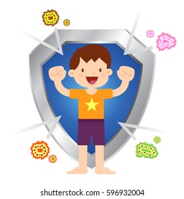 Vector stock of little boy protected with shield and immune to virus and bacteria