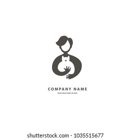 Vector stock logo, abstract animal and people sign. Illustration design outline, minimalist logotype for veterinary. Vector icon boy with cat.