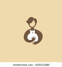 Vector stock logo, abstract animal and people sign. Illustration design outline, minimalist logotype for veterinary. Vector icon boy with cat.
