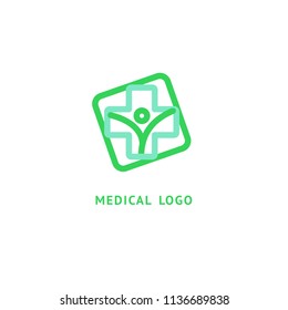 Vector stock logo, abstract medical vector template. Illustration design of business logotype clinic. Vector people and cross web icon.