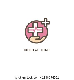 Vector stock logo, abstract medical vector template. Illustration design of business logotype clinic. Vector people and cross web icon.