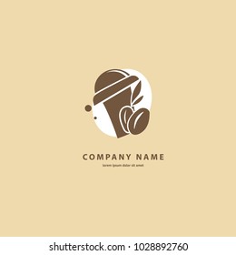 Vector stock logo, abstract sign of cafe, vector template of cafeteria and bistro. Illustration design of silhouette brown logotype coffee. Vector icon cup with drink.