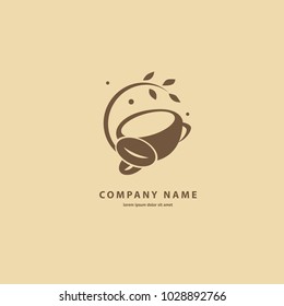 Vector stock logo, abstract sign of cafe, vector template of cafeteria and bistro. Illustration design of silhouette brown logotype coffee. Vector icon cup with drink.