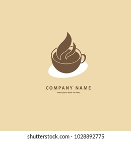 Vector stock logo, abstract sign of cafe, vector template of cafeteria and bistro. Illustration design of silhouette brown logotype coffee. Vector icon cup with drink.