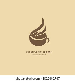 Vector stock logo, abstract sign of cafe, vector template of cafeteria and bistro. Illustration design of silhouette brown logotype coffee. Vector icon cup with drink.