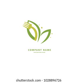 Vector stock logo, abstract sign of food, vector template of fresh meal. Illustration design of color curve logotype vegan food. Vector icon fruit and fork