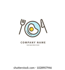 Vector stock logo, abstract sign of food, vector template of cafeteria and bistro. Illustration design of monoline logotype menu. Vector icon scrambled eggs on plate. 