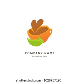 Vector stock logo, abstract sign of cafe, vector template of cafeteria and bistro. Illustration design of colored logotype coffee. Vector icon cup with drink.